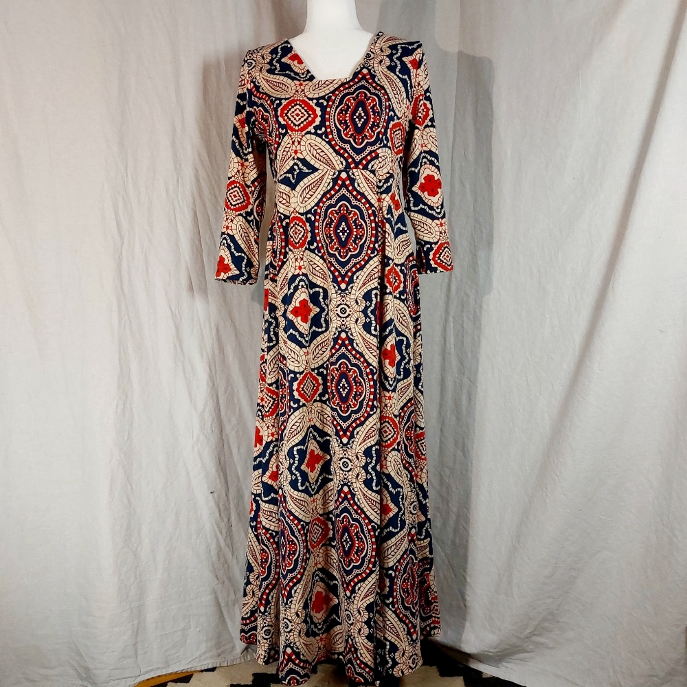 Reborn Navy Red Cream Patterned Maxi Dress